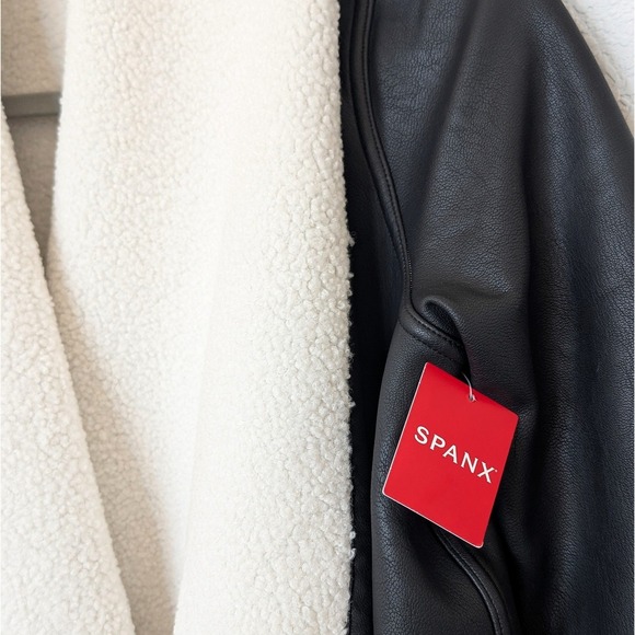 NWT SPANX Fleece & Faux Leather Long Wrap Jacket Very Black Snow Drape Front - Picture 5 of 11